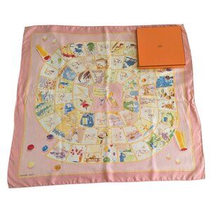 HERMES Vintage Le Jeu Des Petits Bonheurs Pink 90 cm Silk Square Scarf Box RARE